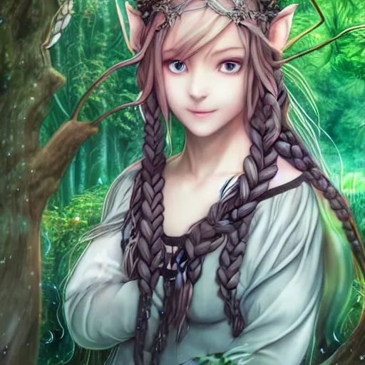 Prompt: happy elven mage in the forest, vwwvhya, thin silver glasses, intricate braided hair, plump body, manga panel by kosuke kurose, soft lighting, highly detailed face, cozy atmosphere, sharp focus, artstation, secret of mana, sophie anderson, arnold armitage, loish