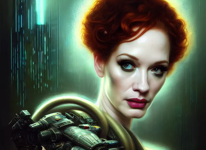 Image similar to portrait shot of christina hendricks in bladerunner wearin a cyberpunk costume, intricate, elegant, highly detailed, centered, digital painting, artstation, concept art, smooth, sharp focus, illustration, artgerm, tomasz alen kopera, peter mohrbacher, donato giancola, joseph christian leyendecker, wlop, boris vallejo