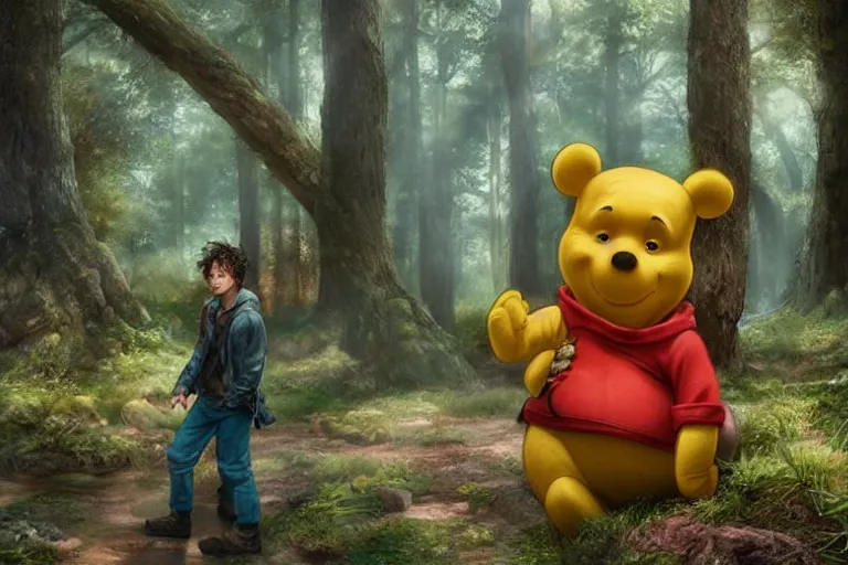 Prompt: adult frank dillane exploring the woods with winnie the pooh, beautiful, grand, wistful, hyperrealistic photograph by kim jung gi, extremely detailed, intricate linework, sharp focus, bright colors, octopath traveler, unreal engine 5 highly rendered, global illumination, radiant light, detailed and intricate environment, highly detailed face