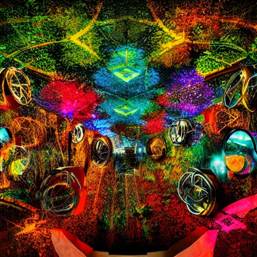 Image similar to lush enchanted forest interlocking with machines by salome totladze, bursts of color, beautiful, neon