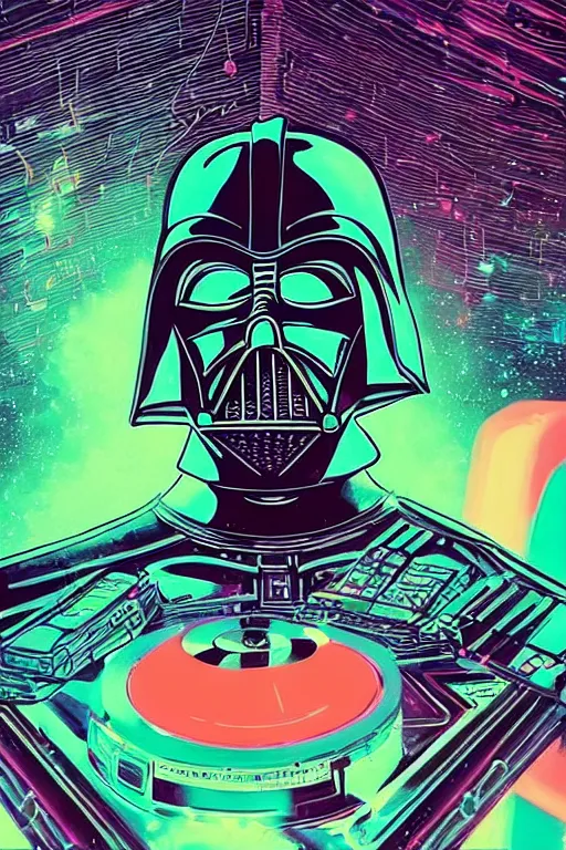 Prompt: closeup potrait of darth vader dj standing on a giant science fiction neon turntable at a astronaut rave, anti gravity, digital art, winning award masterpiece, fantastically beautiful, intricate, illustration, dan mumford, geof darrow, moebius, 8 k, octane, symmetrical