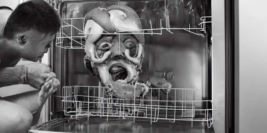 Image similar to a man constructed from the parts of a broken dishwasher. he is crouching inside a refrigerator and a squid is emerging from his gaping torn mouth