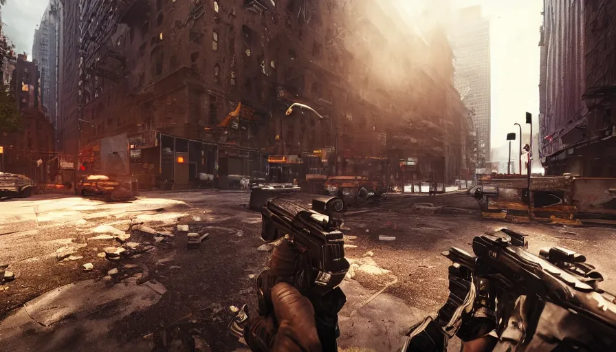 Image similar to fps shooter game in new york city ruins, video game, famas, firing, night, hyperdetailed, artstation, cgsociety, 8 k