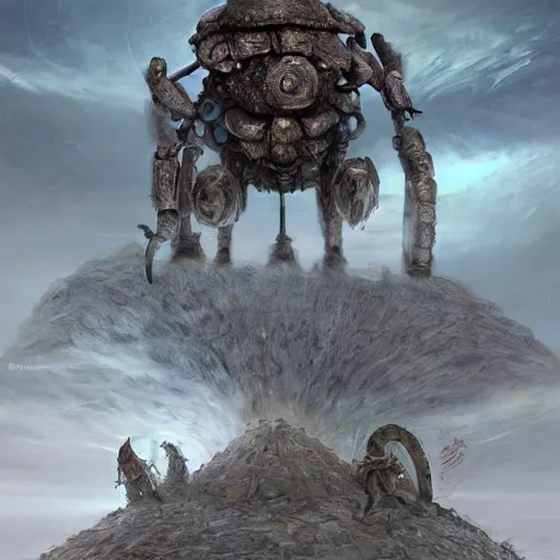 Image similar to giant armored ashigaru beetle war construct golem, glowing gnostic brian froud markings, rotating scythe blades, magic and steam - punk inspired, in an ancient stone circle on a plateau in a blizzard, kanji markings, concept painting by jessica rossier, hr giger, john berkey