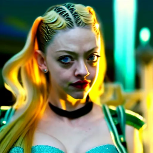 Image similar to cinematic scene with amanda seyfried as jolyne from jojo's bizarre adventure, live action film, stone ocean, dramatic, small details, volumetric lighting, still frame