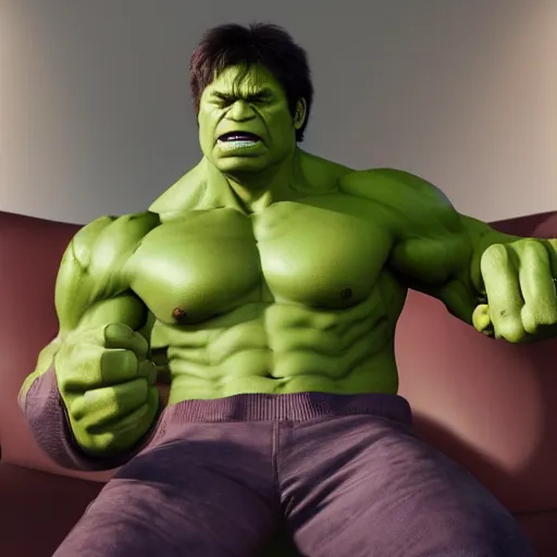 Image similar to A high definition photo of the incredible hulk drinking a cup of coffee on a couch in his living room, hyperdetailed, artstation, digital art, photorealism, accurate, 8k,