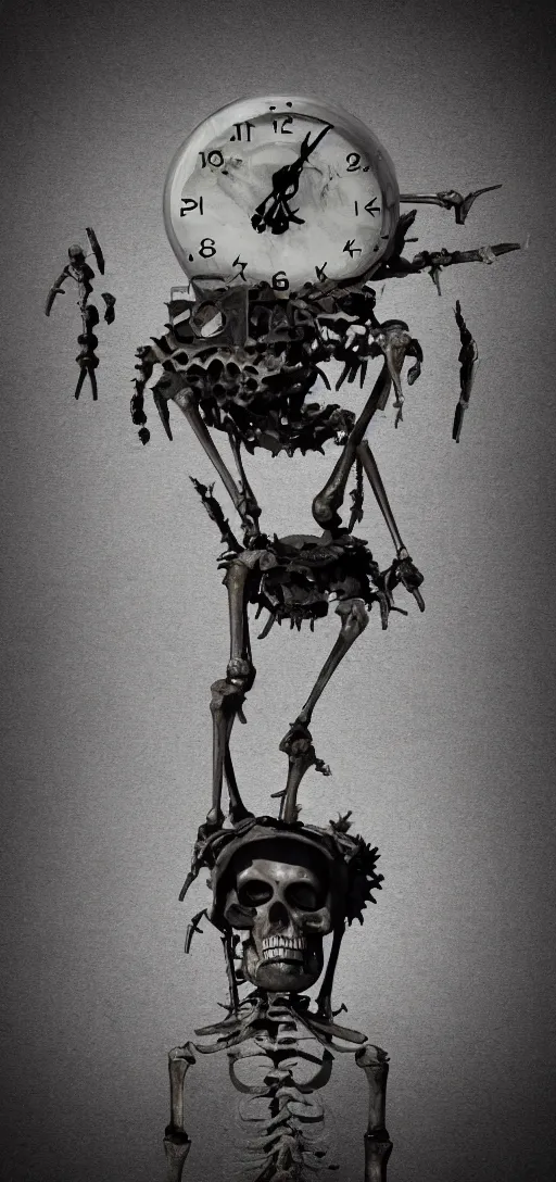 Prompt: a clock melting onto the top of a skeletons head in a dark desolate wasteland