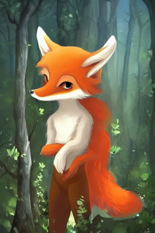 Image similar to a pretty medieval anthropomorphic fox with a fluffy tail in the forest, comic art, trending on furaffinity, cartoon, kawaii, backlighting, furry art!!!, radiant light, bokeh, trending on artstation, digital art