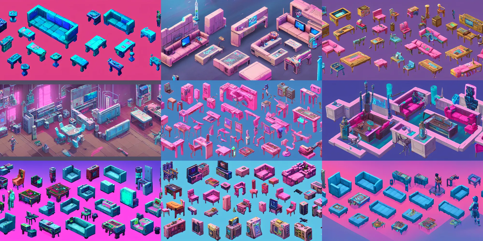 Prompt: game asset of the sims cyberpunk furniture and decoration, in gouache detailed paintings, props, stylized, 2 d sprites, kitbash, arcane, overwatch, blue and pink color scheme, 8 k, close up