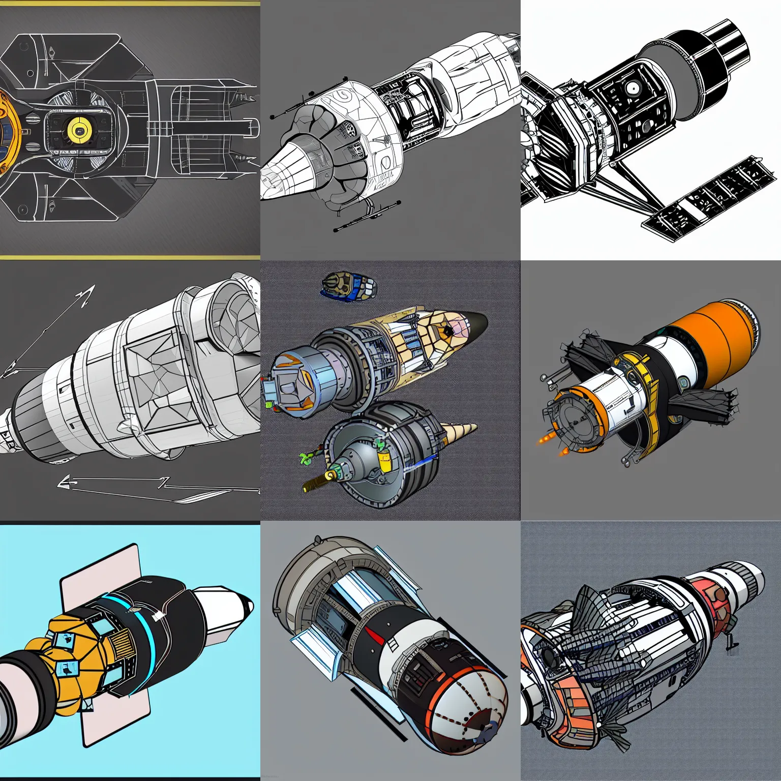 Prompt: stylized two dimensional spacecraft propulsion module cutaway, two colors, black backround. inkscape, illustrator, vector graphics, bloom, 2 d game, topdown.