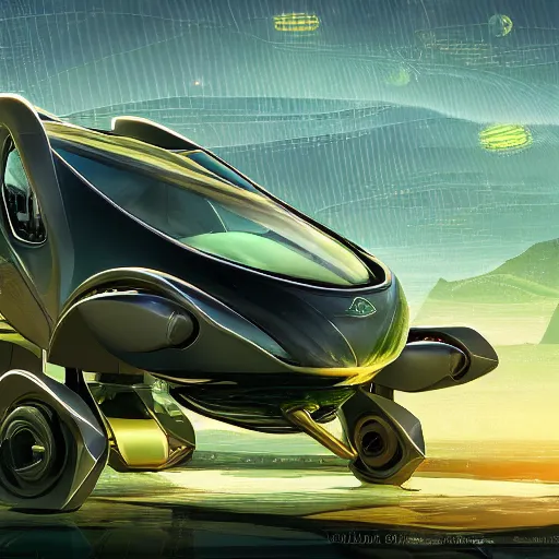 Image similar to solarpunk hovercar, clean energy, green technology, batoidea shape, scifi, sunny day, futurism, intricate, engines, autonomous, highly detailed, peaceful, utopia, bright, digital painting, advanced, artstation, concept art, smooth, sharp focus, epic landscape, art by akihiko yoshida and tim mcburnie and anato finnstark