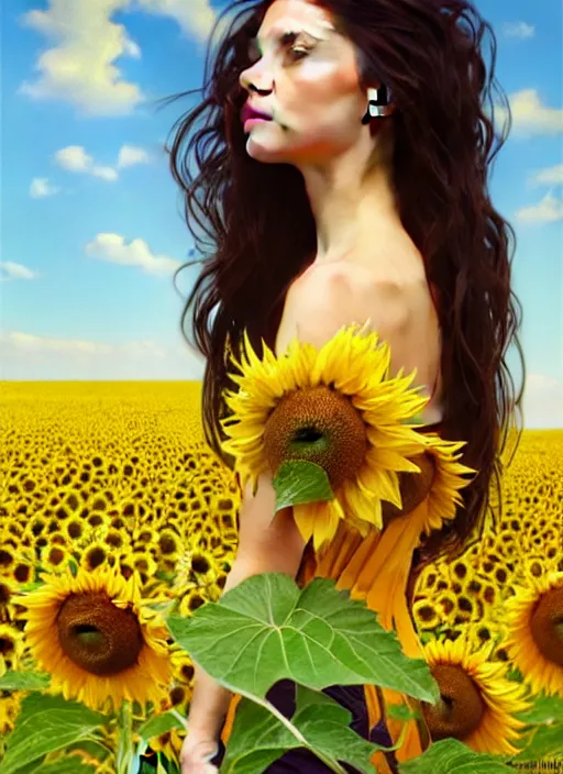 Image similar to a full body fashion photography of a girl slowly walking through amazing tall sunflower field, hair flowing, intricate, elegant, clearly visible face, highly detailed, digital painting, artstation, concept art, smooth, sharp focus, illustration, art by artgerm and greg rutkowski and alphonse mucha, 8 k