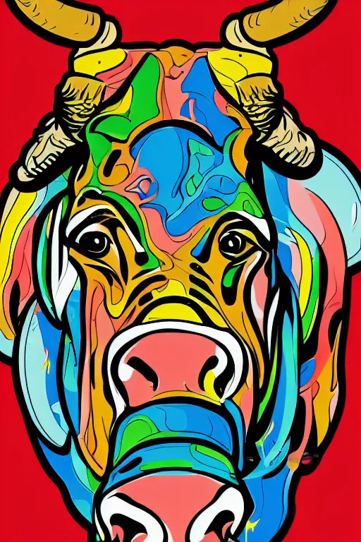 Image similar to A portrait of a bull on a motorcycle, sticker, highly detailed, colorful, illustration, smooth and clean vector curves, no jagged lines, vector art, smooth