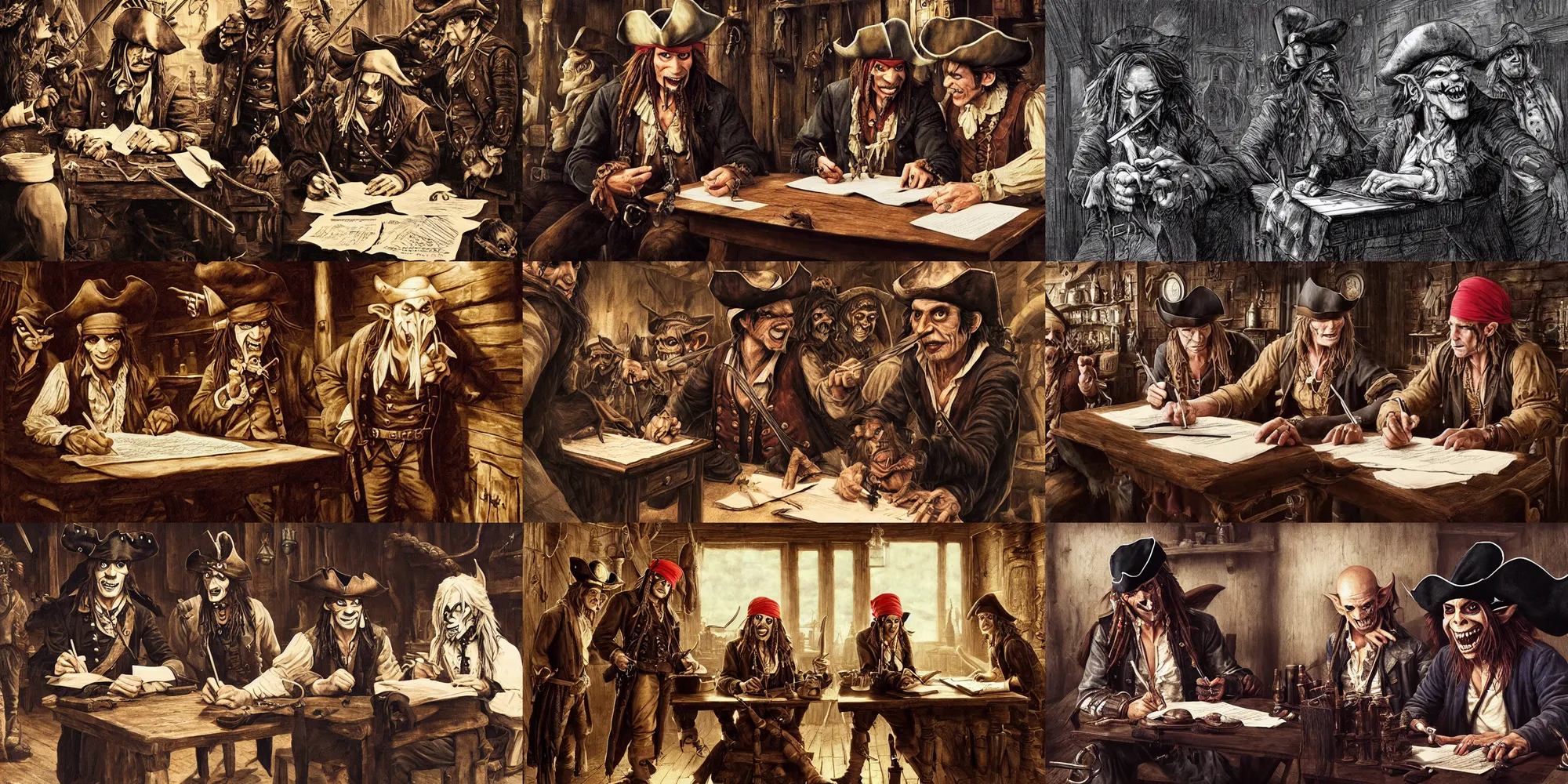 Prompt: ( pirate with a bandanna ), goblin!!! with a big nose, and a vampire!!! signing a contract in a saloon, hyperrealism, 8 k, intricate