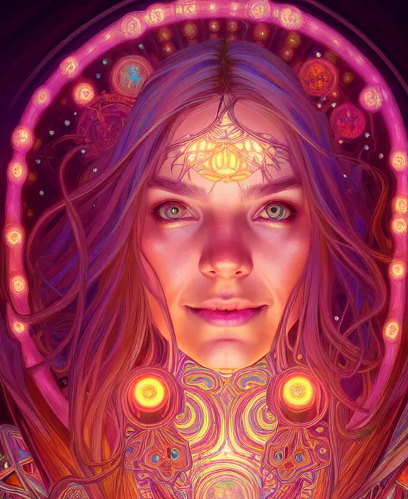 Image similar to symmetry!! portrait of hippie girl smiling, glowing lights!! psychedelic, intricate, elegant, highly detailed, digital painting, artstation, concept art, smooth, sharp focus, illustration, art by artgerm and greg rutkowski and alphonse mucha, 8 k