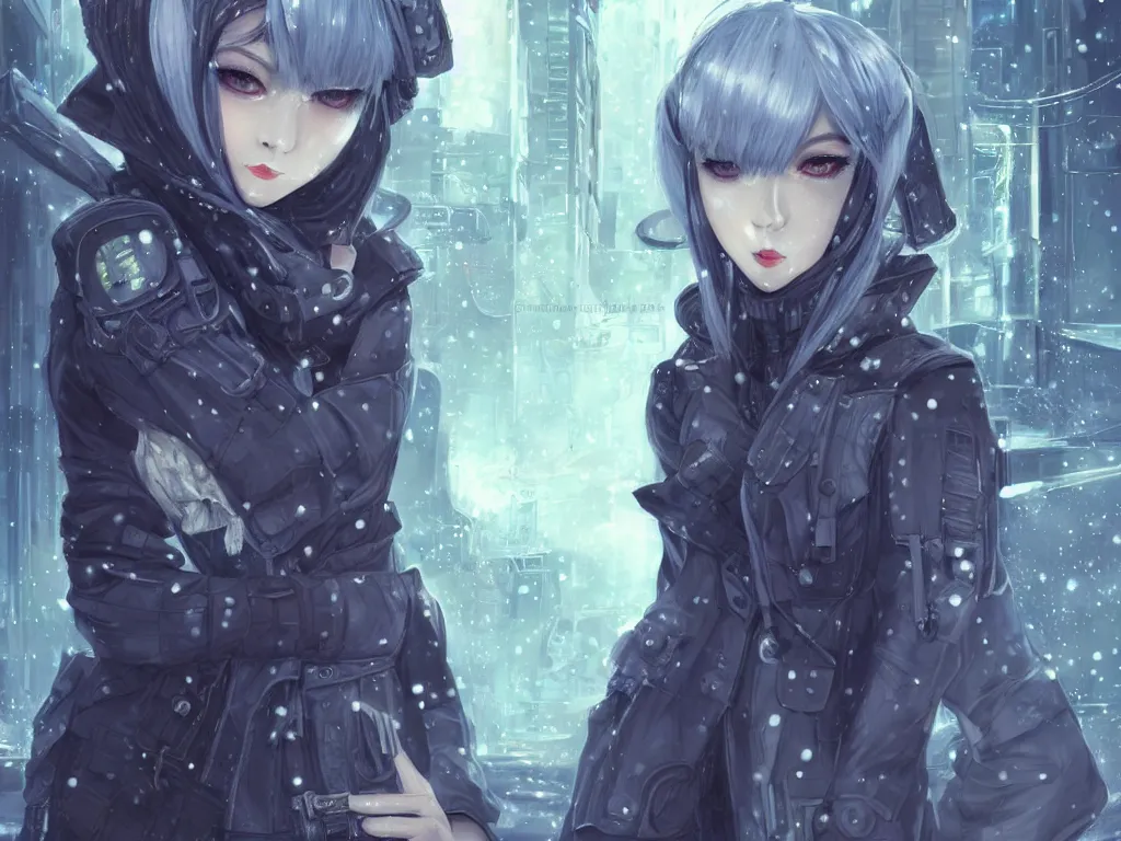 Image similar to portrait cyber warrior girl, grey hair dieselpunk wardrobe, in tokyo street cyberpunk snowy night, ssci - fi and fantasy, intricate and very very beautiful and elegant, digital painting, pixiv, concept art, smooth, illustration, art by yam and luker and yoda and ライコ and zumi and shal. e trending on pixiv