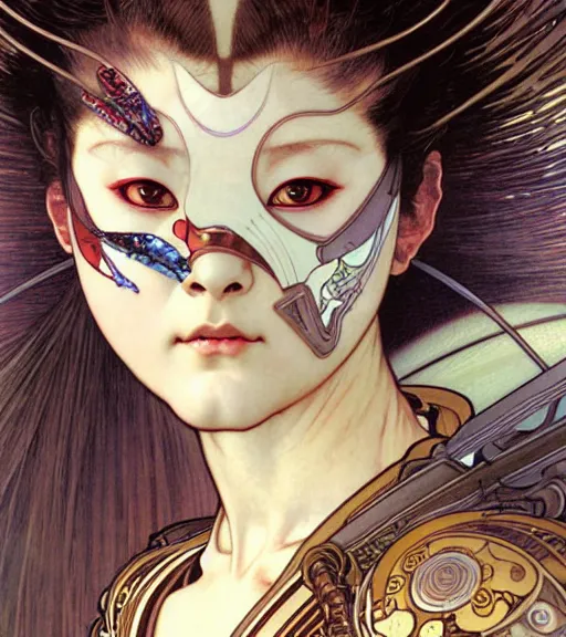 Prompt: realistic detailed face portrait of a beautiful futuristic warrior geisha in alien samurai armor by alphonse mucha, ayami kojima, amano, greg hildebrandt, and mark brooks, female, feminine, art nouveau, geisha cyberpunk, geisha, neo - gothic, gothic, character concept design