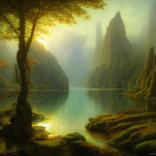 Image similar to a beautiful and highly detailed matte painting of the lost land by a beautiful lake, thick mist, sunlight, celtic, psychedelic, epic scale, insanely complex, hyperdetailed, sharp focus, hyperrealism, artstation, cgsociety, 8 k, bright colors, by caspar friedrich, albert bierstadt, james gurney, brian froud,