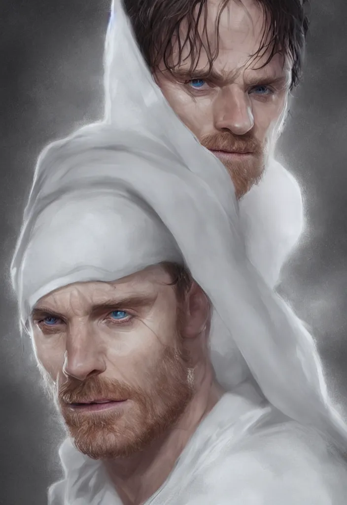 Prompt: Michael Fassbender in white cloak, intricate, body portrait, epic lighting, hyper realistic,ray tracing, white short hair, character concept art, cinematic, artgerm, ultra detailed, artstation trending.