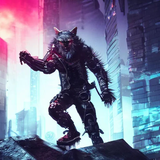 Prompt: cyberpunk wolfman holding a katana and jumping into action, tactical armor, action scene screenshot, scifi futuristic character concept, high quality gloss art, unreal engine