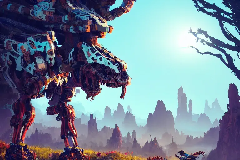 Image similar to tallneck machine creature robot of horizon forbidden west horizon zero dawn radiating a glowing aura global illumination ray tracing hdr fanart arstation by ian pesty and alena aenami artworks in 4 k