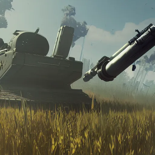 Image similar to a high resolution very detailed image of a 2 with fgm 1 4 8 javelin rocket launcher in russian tank boss fight from nier : automata in yellow rye field under pure blue skies