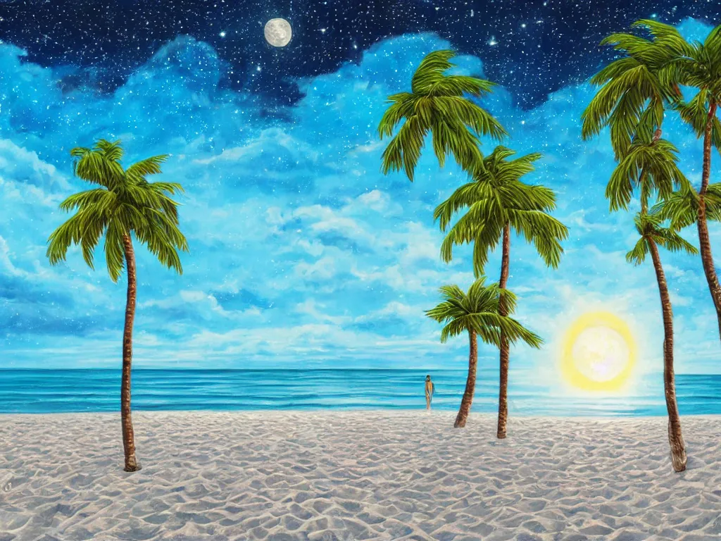 Image similar to night on a summer miami city beach, palm trees, footprints in the sand, full moon reflected in the calm ocean, starry sky 8 k, ultra detailed, trending on artstation, digital painting