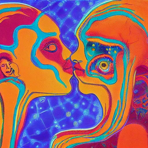 Image similar to beautiful painting of two bizarre psychedelic women kissing each other closeup in an aquarium in japan, speculative evolution, mixed media collage by basquiat and alex grey, magazine collage art, sapphic art, lesbian art