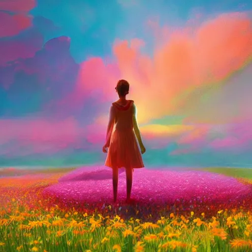 Prompt: standing in giant daisy flower, full body girl standing in a flower field, surreal photography, sunrise, dramatic light, impressionist painting, colorful clouds, digital painting, artstation, simon stalenhag