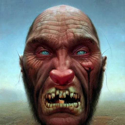 Image similar to vladimir putin, putin is bald prehistoric primate caveman, reptiloid eyes, awe face, toothless, saw teeth, peeling skin, horror macabre face, clown nose, by donato giancola and greg rutkowski and wayne barlow and zdzisław beksinski, realistic face, digital art