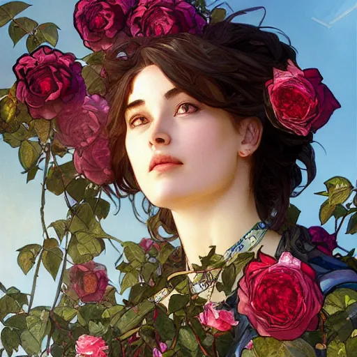 Image similar to meteorite made out of roses flying over the sky, roses trail, greg rutkowski, sharp focus, art by artgerm, alphonse mucha