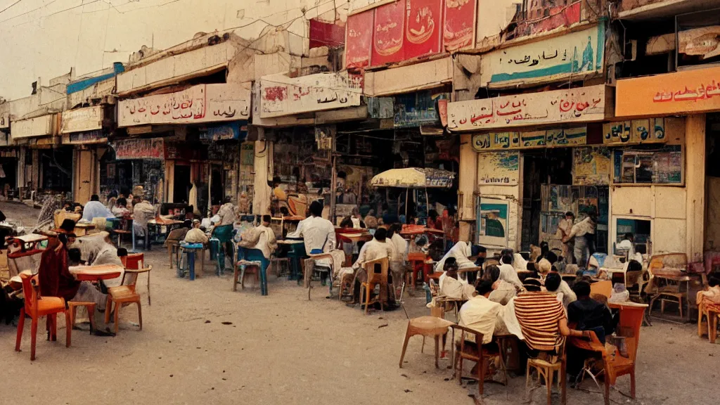 Image similar to colour photograph of a cafe in central baghdad in 1 9 7 1 + fujifilm