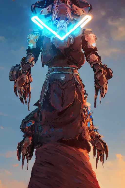 Image similar to combination suit armor aloy horizon forbidden west horizon zero dawn radiating a glowing aura global illumination ray tracing hdr fanart arstation by ian pesty and alena aenami artworks in 4 k tribal robot ninja mask helmet backpack