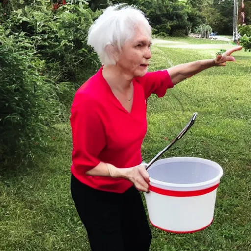 Image similar to a middle aged woman, long grey hair, red shirt, carrying a bucket.