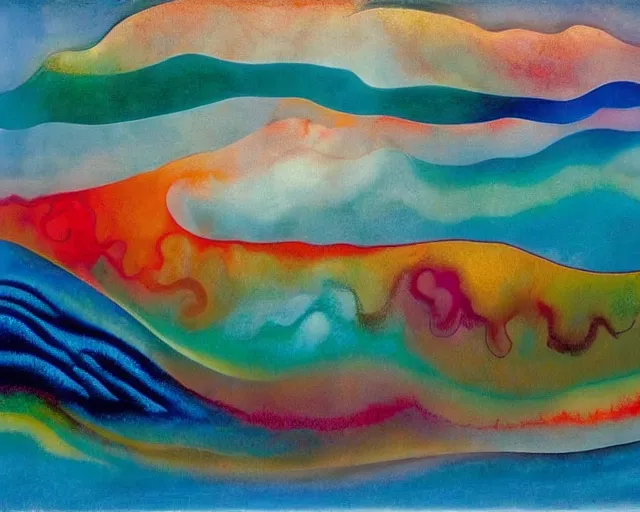 Image similar to Ocean waves in a psychedelic dream world. DMT. Curving rivers. Georgia O'Keeffe. Zao Wou-ki. Yves Tanguy.