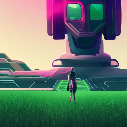 Prompt: a woman walking across a lush green field, a huge robot head in front of her, cyberpunk art by by james gilleard, cgsociety, retrofuturism, synthwave, retrowave, outrun