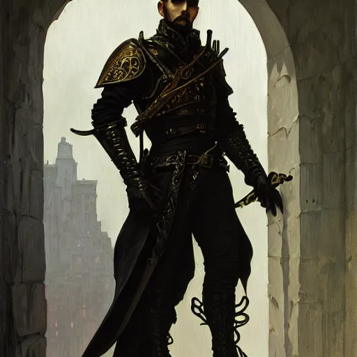 Image similar to portrait of andrei andrei as a thief wearing black leather armor and wielding a dagger in a dark alleyway, fantasy, intricate, elegant, highly detailed, digital painting, artstation, concept art, matte, sharp focus, illustration, art by roberto ferri and greg rutkowski and alphonse mucha