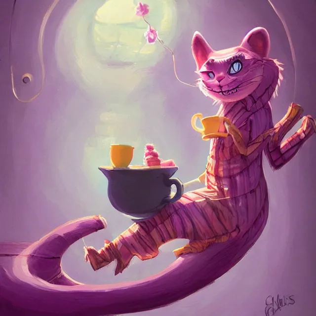 Image similar to cheshire cat drinking tea, by cory loftis, character art, very coherent, exquisite lighting, whimsical background, lighthearted, soft painting, masterpiece