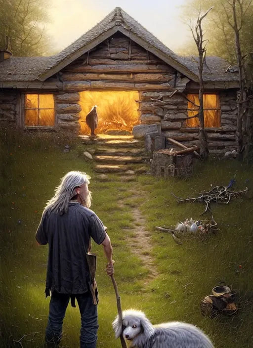 Image similar to highly detailed hyperrealistic painting of a blonde long - haired hillbilly standing in front of old rough house holding a stick, with his fluffy black and gray australian shepherd, bonfire, stephen bliss, art by greg rutkowski, loish, rhads, ferdinand knab, makoto shinkai and lois van baarle, tom bagshaw, global illumination, artstation