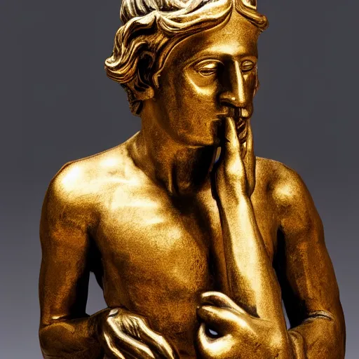 Image similar to a golden statue of a beggar extending his hand, realistic, detailed