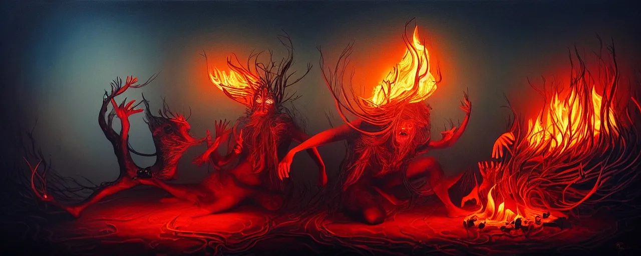 Image similar to wild emotion and thought creatures repressed in the depths unconscious of the psyche lead by baba yaga, about to rip through and escape in a extraordinary revolution, dramatic fire glow lighting, surreal painting by ronny khalil