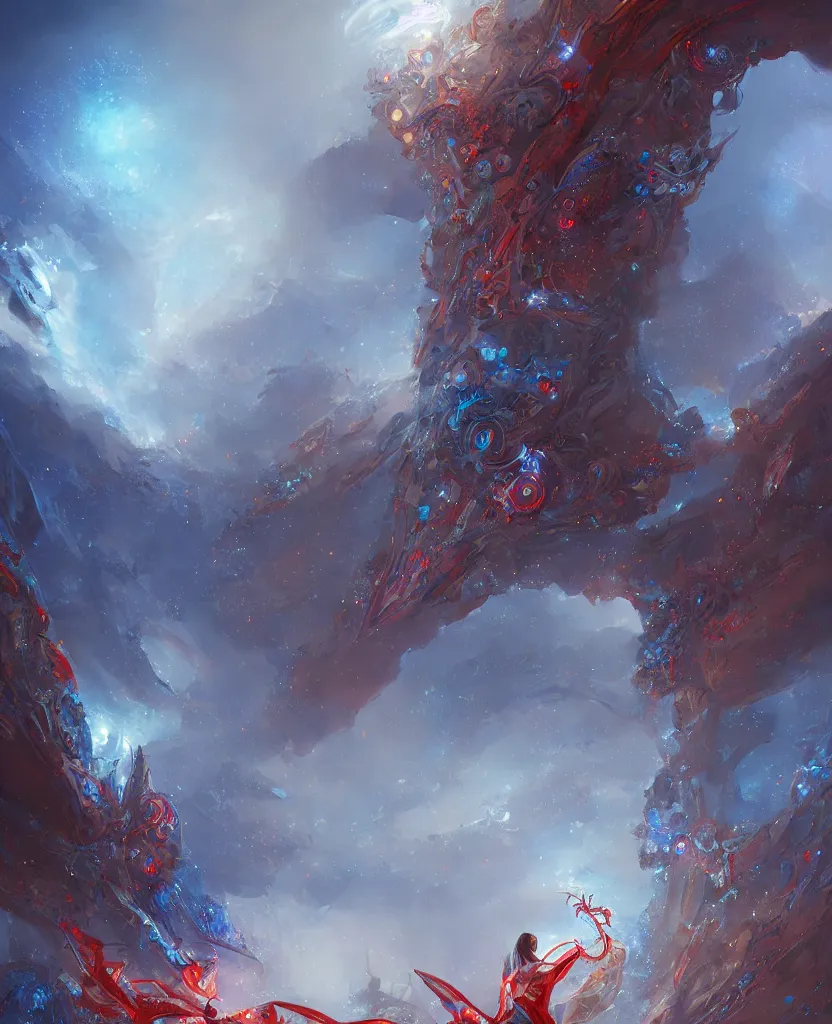 Image similar to structure of the oracle, blue colors with red accents, intricate and ornate, highly detailed fantasy digital painting by jessica rossier