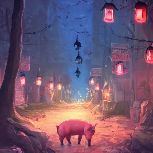 Image similar to this place is truly beautiful and the atmosphere is buzzing the town lights are glowing particularly brightly tonight all these pigs look beautiful, trending on artstation,