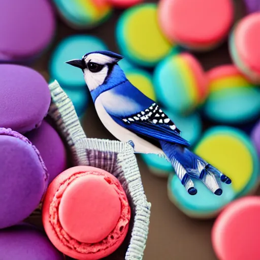 Image similar to A photograph of a (photorealistic blue jay) standing on a large basket of rainbow macarons.