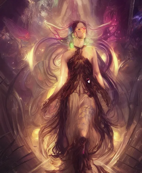 Image similar to a whirlwind of souls rushing inside the metaverse, half body, glowin eyes, tiara with sapphire, pharaoh, android, cyberpunk, d & d, fantasy, intricate, elegant, highly detailed, colorful, vivid color, digital painting, artstation, concept art, art by artgerm and greg rutkowski and alphonse mucha and ruan jia