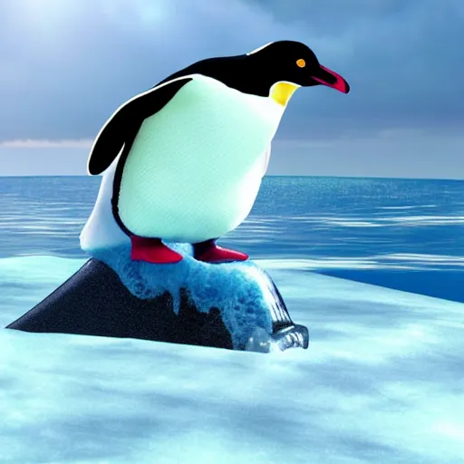 Image similar to penguin surfing on a ice floe on a hughe wave, trending on artstation