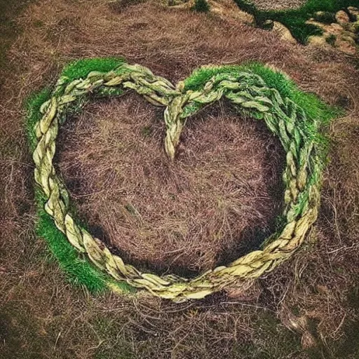 Prompt: A beautiful land art. A knot at the middle of his psyche was untying. The energy he’d put into holding things together was coming free. He’d fallen in love with the object of his search after he’d lost her. The chaos he’d dedicated his life to holding at bay was stronger and wider and more powerful than he would ever be. pine green by Arthur Boyd, by Frank Cho forbidding