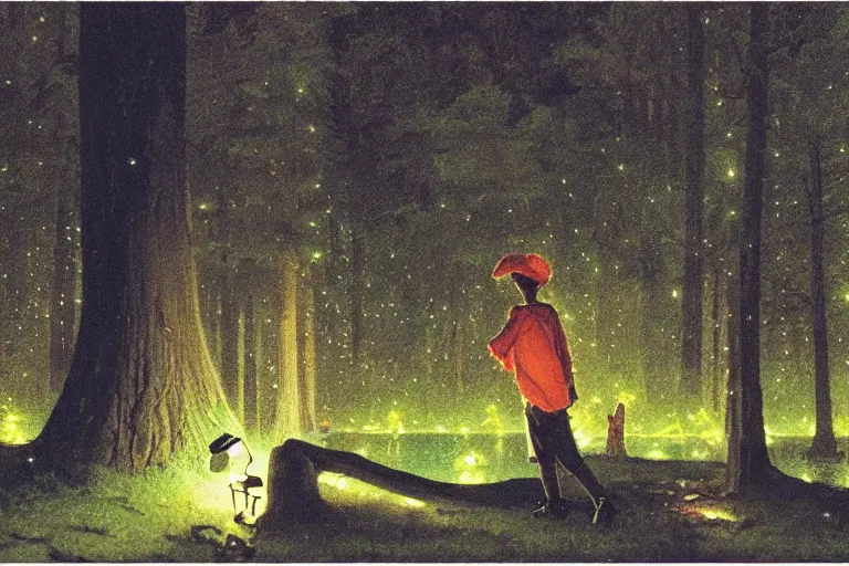 Prompt: a scenic view of a black boy talking to his ancestors in the middle of a magical forest with glow-worm lights near a lake, detailed, cinematic, dramatic scene, retro illustration by Norman Rockwell.