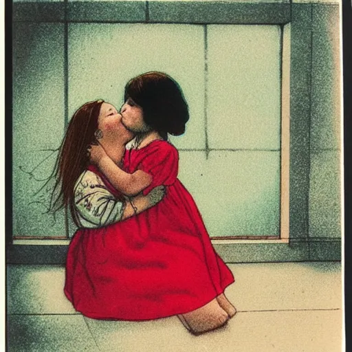 Image similar to the same style. the most beautiful little fat sweet girl is kissing a huge colorful cute fish. modern etching. colored print. hype realistic scene. old photography style. studio lighting. window