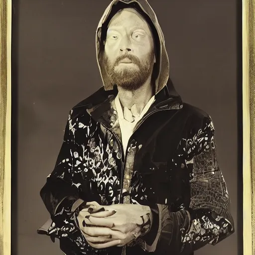 Image similar to Thom Yorke, a man with a beard and a black jacket, a portrait by John E. Berninger, dribble, neo-expressionism, uhd image, studio portrait, 1990s